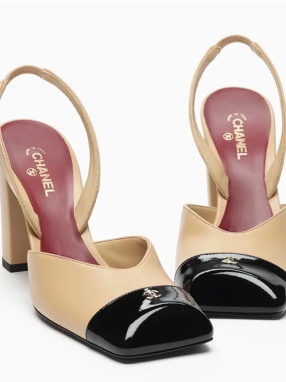 Chanel 26S Blazy Beige Black Square Toe Sling CC Slingback Block Heel Pump 38.5